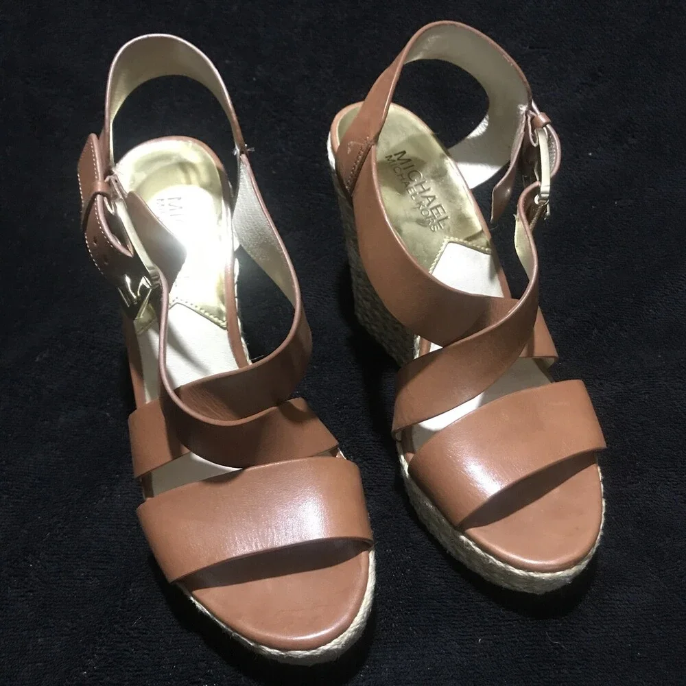 Michael Kors sz 61/2 Women’s Giovanna Brown Leather Wedge Espadrille Sandals